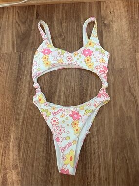 Barbie White One-Piece Swimsuit with Pink & Yellow Floral Print